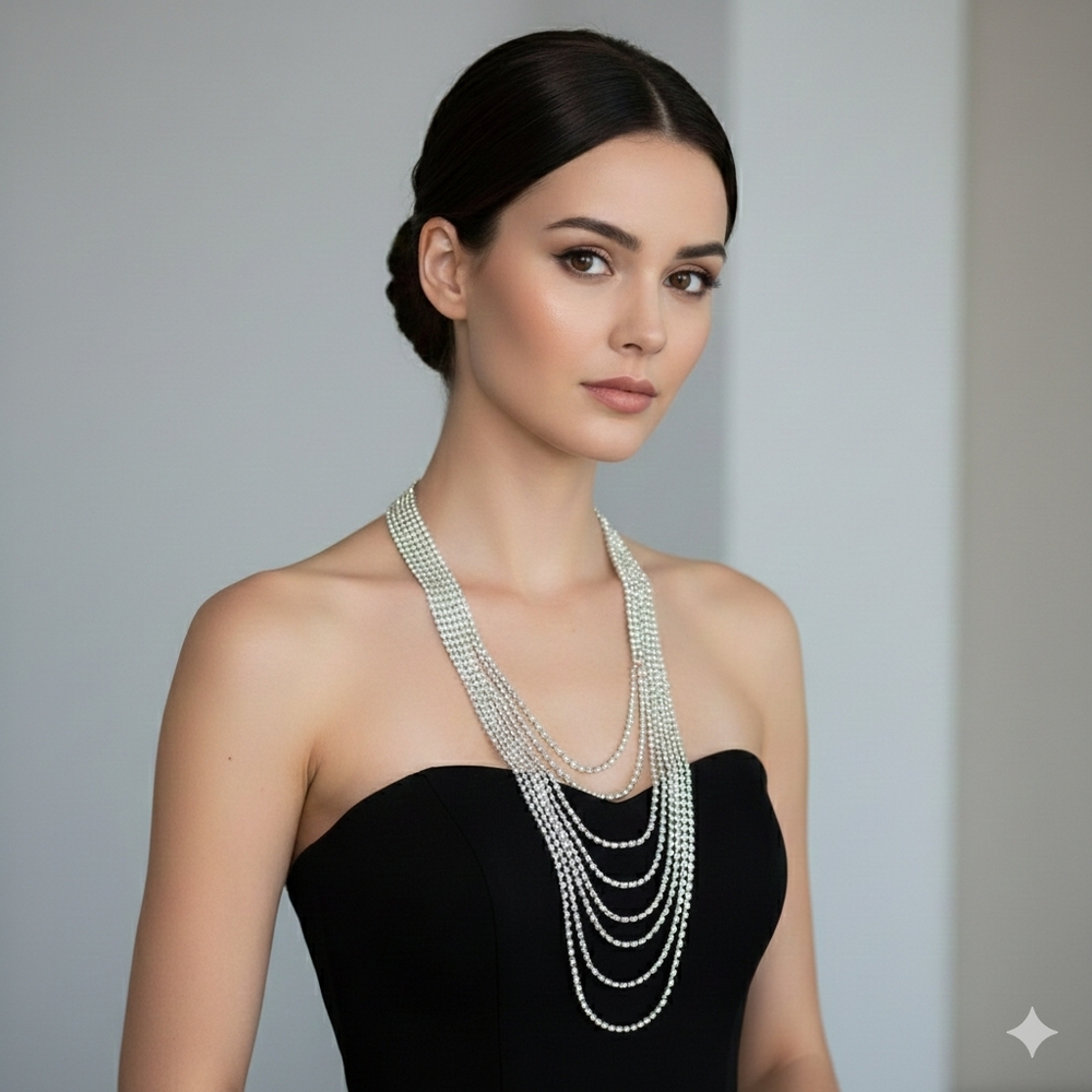 Rhinestone 24-34" Necklace Vintage Glass Statement Opera Length Layered Silver - Picture 5 of 9